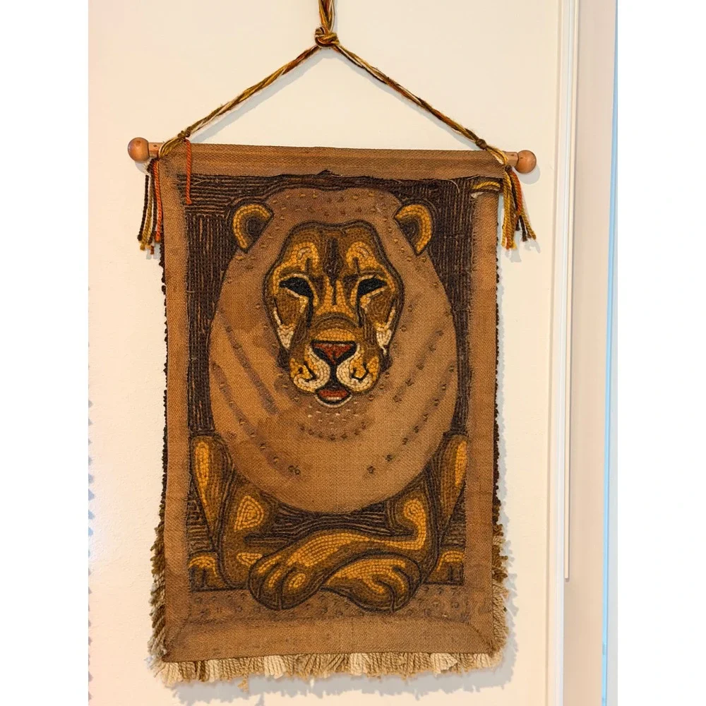 Vintage Latch Hook Lion Wall Hanging Art 70s Boho